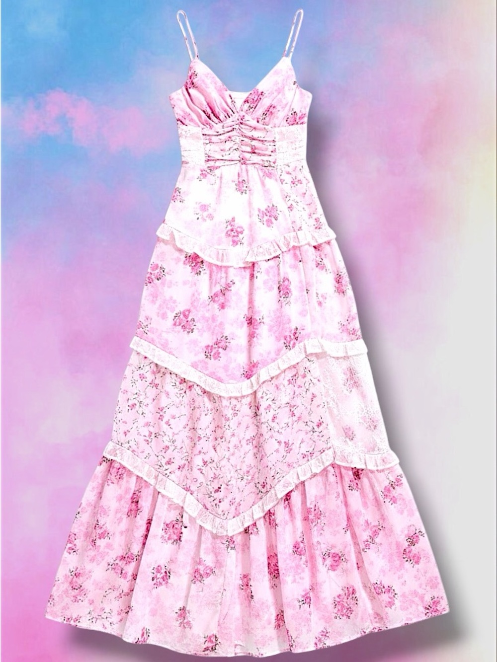 Altar'd State Pink Floral Tiered Maxi Dress with Spaghetti Straps